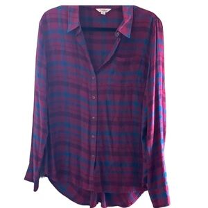 Lucky brand button up plaid top size Medium purple blue